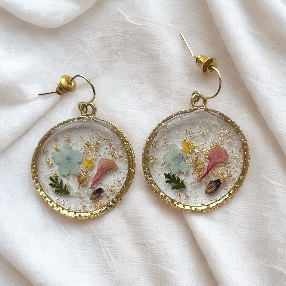 Gold Tone Floral Resin Earrings